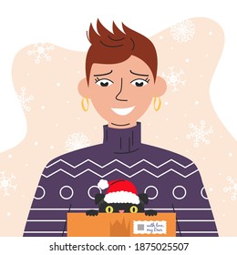 Portrait of handsome girl holding a box with cat. Young short-hair woman in sweater with gift on abstract background with snowflakes. Avatar for social networks. Vector flat linear pastel illustration