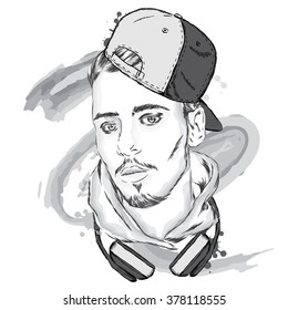 Portrait of a handsome guy in the vector. Hipster. Vector illustration for greeting card, poster, or print on clothes.