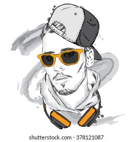 Portrait of a handsome guy in the vector. Hipster. Vector illustration for greeting card, poster, or print on clothes.