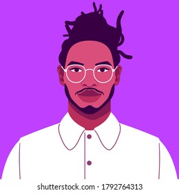 Portrait of a handsome male office worker. Confident young man in business attire with glasses. Happy African student smiling. Social network profile avatar. Contemporary flat design.