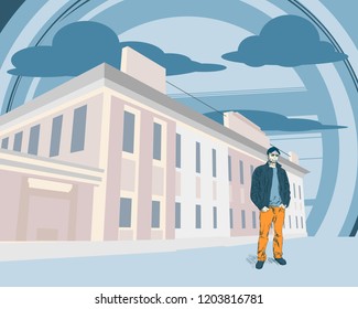 Portrait of a handsome man dressed in t-shirt, jacket and jeans. Abstract illustration. Ink sketch effect. Historic building on backdrop