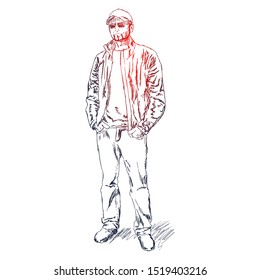 Portrait of a handsome man dressed in t-shirt, jacket and jeans. Abstract illustration. Ink sketch effect