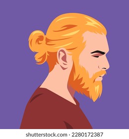 portrait of a handsome man face side view. blonde, bearded, ponytail hair. avatar for social media. colored. for profile, template, print, sticker, poster, etc. flat vector illustration.