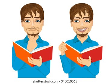 portrait of handsome man focused reading interesting book with hand on chin and smiling