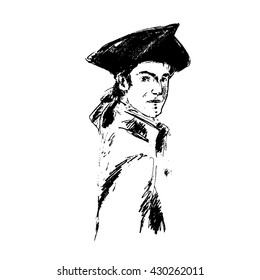 Portrait of handsome man. Officer in historical costume, coat,  tricorn hat. Sketchy vintage style. Illustration with seeker of adventures for interior decoration, clothes design, prints, posters.  