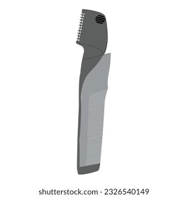 Portrait of handsome man shaving his beard with electric shaver in morning, against grey background