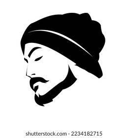portrait of handsome man silhouette in beanie hat. beard, mustache. vector graphic. black and white. isolated on white background