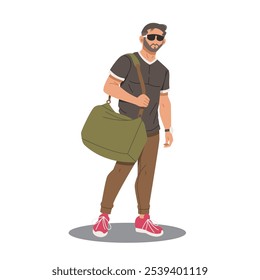 portrait of handsome man standing with bag flat design illustration