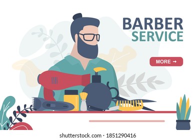 Portrait of a handsome man. Tools for beard and mustache care. Accessories for hair styling. Concept of hairdressing and barber service. Hair treatment. Landing page template. Flat vector illustration