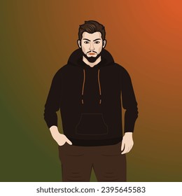 Portrait handsome man wearing hoodie or sweatshirt isolated gradient background, vector illustration