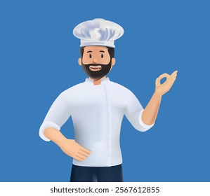 Portrait of handsome positive chef cook at the restaurant kitchen, 3D style. Elder confident man has cooking hat and uniform, shows ok gesture. Male professional. Vector 3D illustration in color