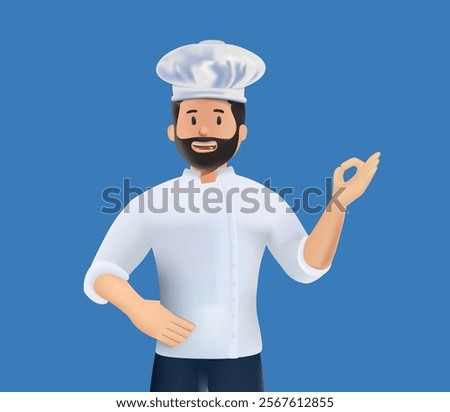 Portrait of handsome positive chef cook at the restaurant kitchen, 3D style. Elder confident man has cooking hat and uniform, shows ok gesture. Male professional. Vector 3D illustration in color
