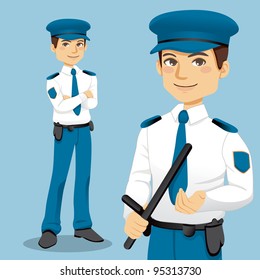 Portrait of handsome professional policeman standing and handling a police side handle baton