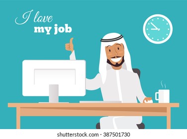 Portrait of handsome relaxed arabic businessman at his desk doing thumb up sign and smiling. I love my job concept. 