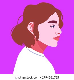 Portrait of a handsome smiling guy or student. A young attractive man with curly hair looks confident. Illustration for a profile avatar in a social network. Modern flat design.