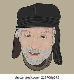 Portrait of a handsome smiling young Caucasian man with gray beard wearing winter hat. Hand drawn colorful vector illustration. Cartoon style. On beige background.