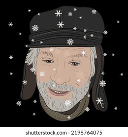Portrait of a handsome smiling young Caucasian man with gray beard wearing winter hat under snowflakes. Seasonal design. Cartoon style. On black background.