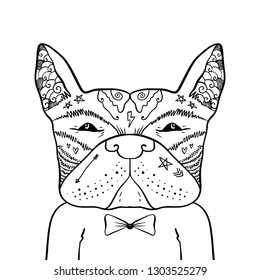 Portrait of handsome stylish casual dandy dog hipster. French bulldog. Sketch doodle style illustration. Coloring page element. Vector EPS clipart