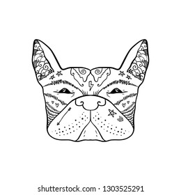 Portrait of handsome stylish casual dandy dog hipster. French bulldog. Sketch doodle style illustration. Coloring page element. Vector EPS clipart