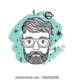 Portrait of handsome stylish man, hipster with beard. Space, galaxy and planets. Creative mind. Sketch doodle style illustration. Vector EPS clipart