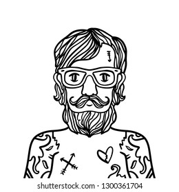 Portrait of handsome stylish tattooed casual man hipster with beard and glasses. Sketch doodle style illustration. Coloring page element. Vector EPS clipart