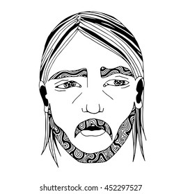 Portrait of handsome, stylish young man with moustache and beard. Hand drawn vector black and white illustrations. Cartoon, doodle.