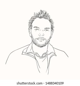 Portrait of handsome unshaven man with shaggy hair and with satisfied enlightened look, Hand drawn isolated vector sketch, Linear illustration can be used for adult coloring book