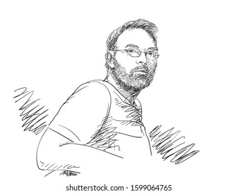 Portrait handsome unshaven man wearing eyeglasses  Hand drawn vector sketch