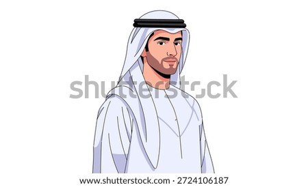 Portrait of a handsome young Arab man in traditional white thobe and ghutra.
