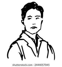 Portrait of a handsome young Asian man wearing shirt. Hand drawn linear doodle rough sketch. Black and white silhouette.