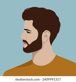 Portrait of handsome young bearded brown-haired hipster man with serious expression wearing T-shirt against blue sky background, profile view, colorful vector illustration