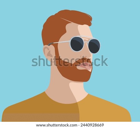 Portrait of handsome young bearded brown-haired hipster man with serious expression wearing sunglasses and yellow shirt against blue sky background, colorful vector illustration