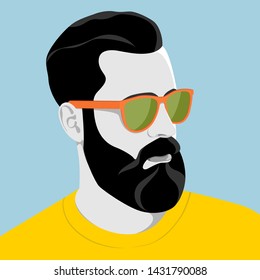 Portrait Of Handsome Young Bearded Hipster Man With Serious Expression Wearing Sunglasses And Yellow Shirt, Colorful Vector Illustration