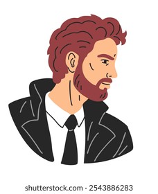 Portrait of a handsome young man with a beard and a leather jacket. Beauty, fashion and style. A man's face. Flat vector illustration isolated on white background
