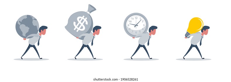 Portrait of a handsome young man carrying a big clock, a full of money sack, the planet earth, a idea light bulb, against a grey. Set of Vector flat illustration