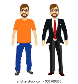 portrait of handsome young man with glasses in two different outfit styles showing empty pockets. Concept