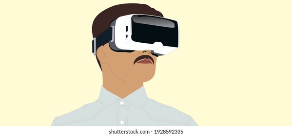 Mann mit virtueller oder erweiterter Realitätsbrille. 