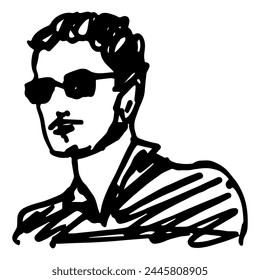Portrait of a handsome young man wearing sunglasses. Hand drawn linear doodle rough sketch. Black and white silhouette.