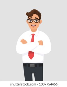 Portrait of handsome young man in white shirt and red tie keeping arms crossed, with eyeglasses. Businessman standing with folded arms pose against gray/grey background in vector cartoon illustration.