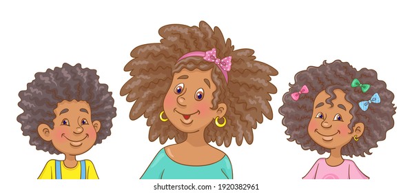 Portrait of a happy African American family. Mother and children with curly hair. Isolated on white background. In cartoon style. Vector illustration.