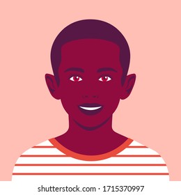 Portrait of a happy African boy. The face of a smiling child. Avatar of a schoolboy. Vector flat illustration