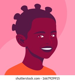 Portrait of a happy African girl. The face of a smiling child. Avatar of a schoolgirl. Vector flat illustration