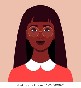 Portrait Of A Happy African Girl. The Face Of A Smiling Child. Avatar Of A Schoolgirl. Vector Flat Illustration