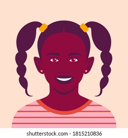 Portrait of a happy African girl. The face of a smiling child. Avatar of a schoolgirl. Vector flat illustration