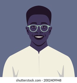 The portrait of a happy African guy. An avatar. The fashion businessman. Vector illustration in flat style.