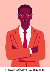 Portrait of a happy African man with crossed arms  and wearing in a business suit. Office professions. Vector flat illustration.