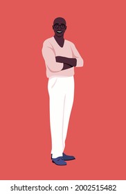 Portrait of a happy African man dressed in casual clothes. A full-length office professional. Vector flat illustration