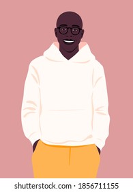 Portrait of a happy African man wearing in fashion hoodie. People and professions. Vector flat illustration.