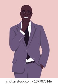 Portrait of a happy African man wearing in a business suit. Office professions. Vector flat illustration.