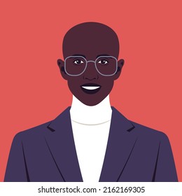 Portrait of a happy African man wearing turtleneck sweater. Avatar of a successful businessman with eyeglasses. A young professional. Vector flat illustration